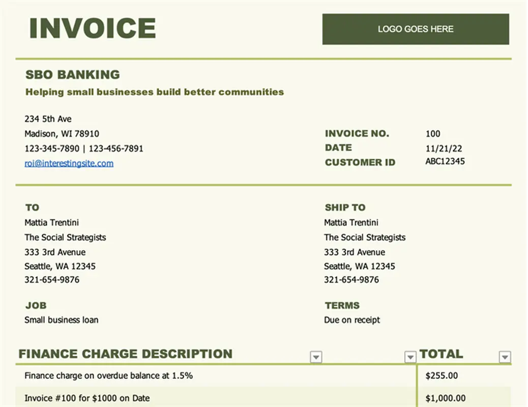 Invoice with finance charge preview